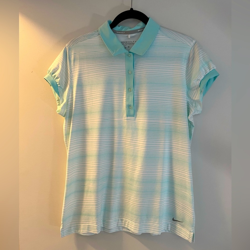 Nike Women's Light Blue & White Striped Short Sleeve Polo